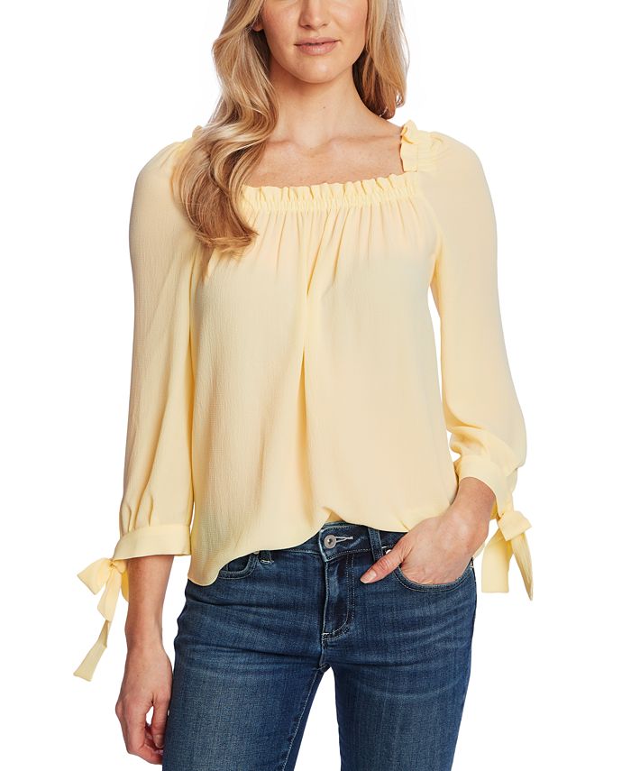 Top CeCe Feminino com Gola Franzida e Manga Amarrada, Amarelo, Tamanho Pequeno