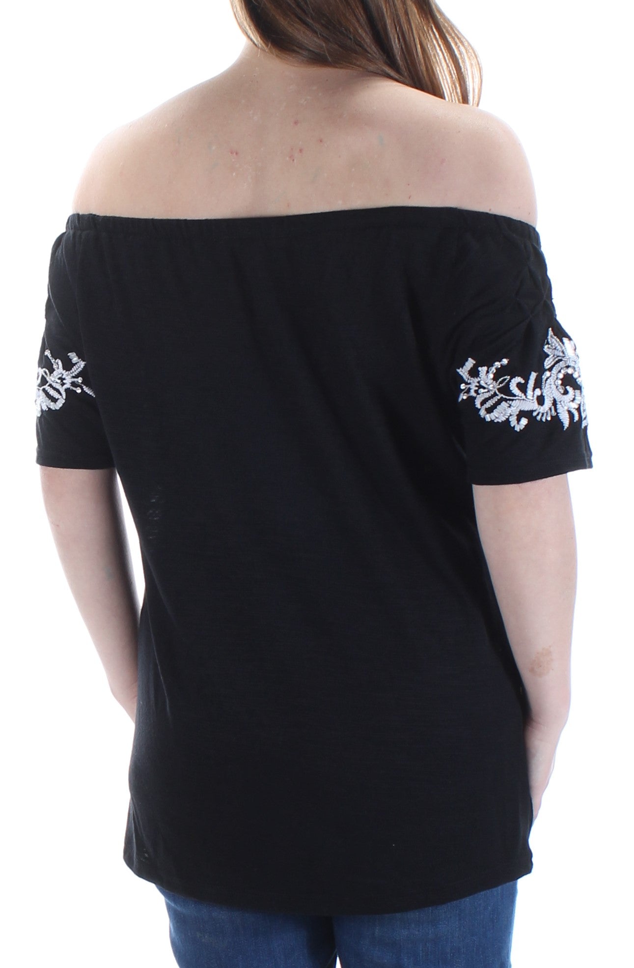 Blusa feminina INC de manga curta e ombro de fora, preta, tamanho pequeno