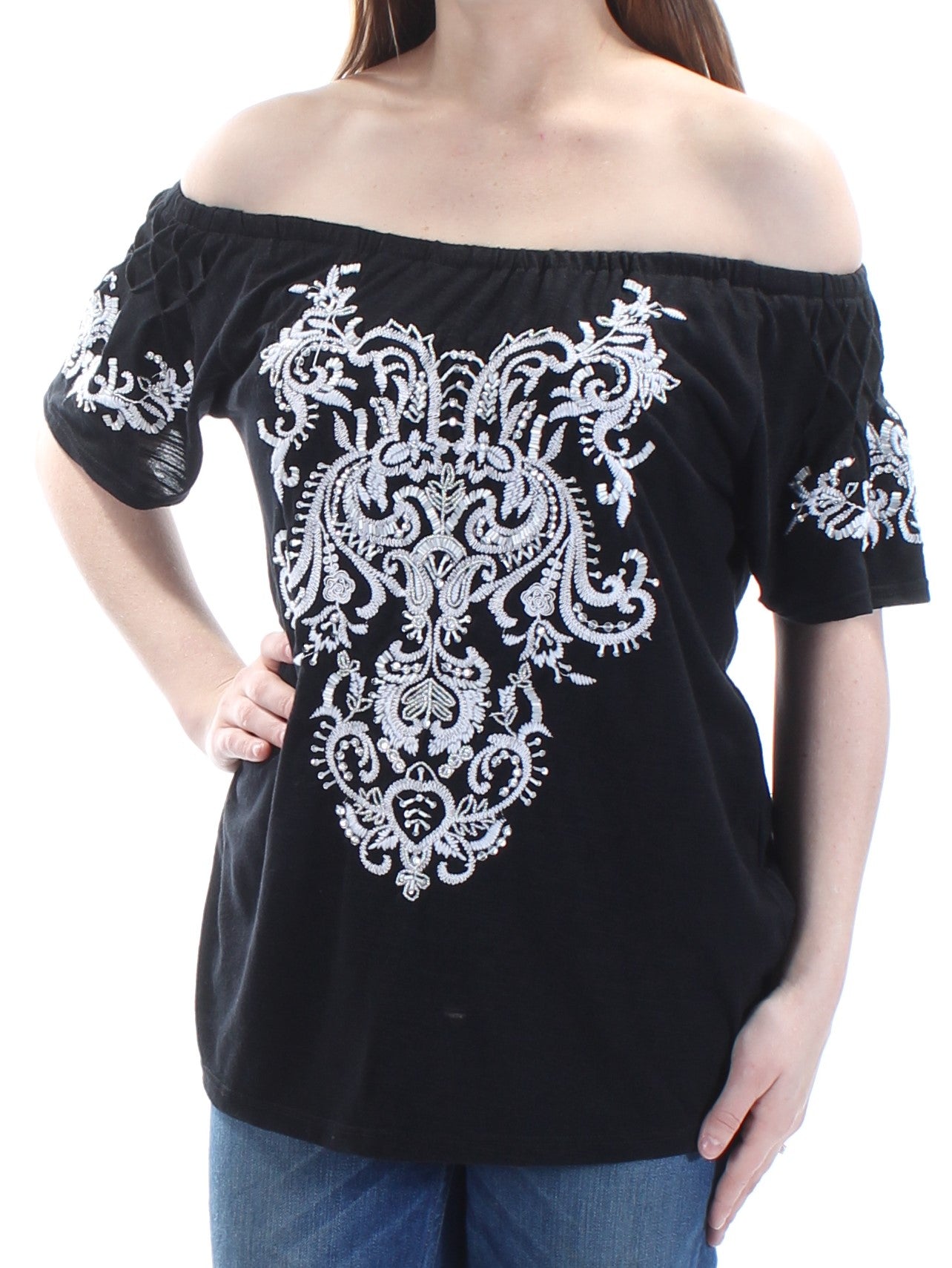 Blusa feminina INC de manga curta e ombro de fora, preta, tamanho pequeno