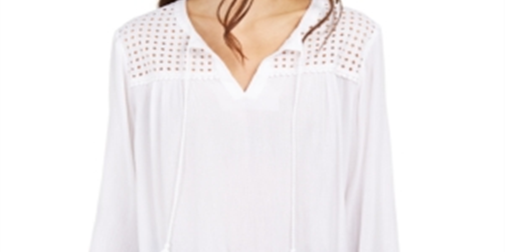 Charter Club Blusa de linho feminina com ilhós e borlas, tamanho XXG