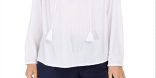 Charter Club Blusa de linho feminina com ilhós e borlas, tamanho XXG