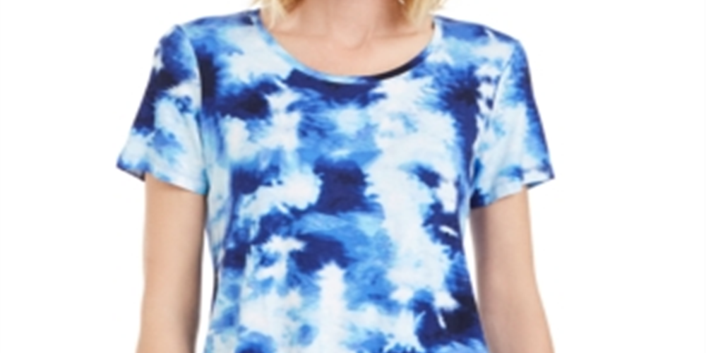 Camiseta feminina estampada com decote redondo e manga curta JM Collection, tamanho médio, azul