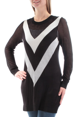 INC Women's Striped Long Sleeve Jewel Neck Tunic Sweater Black Size Medium