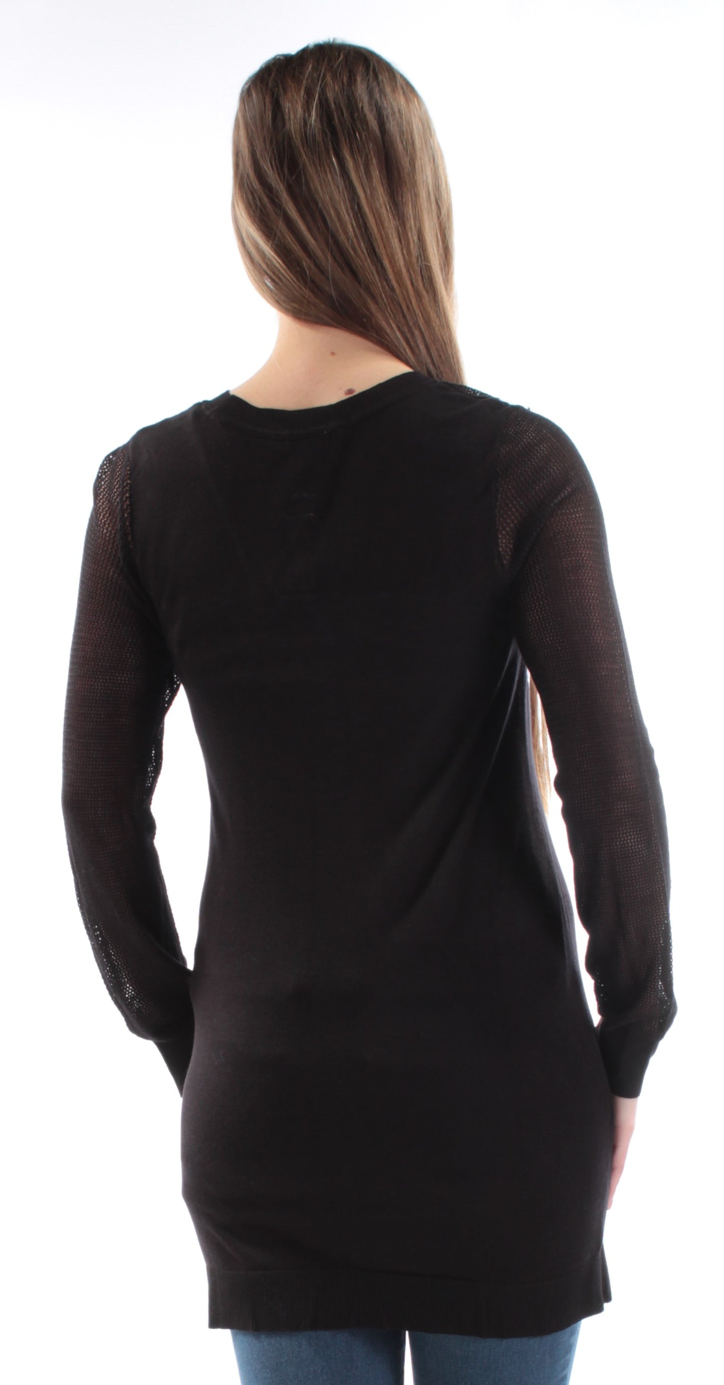 Suéter túnica listrado feminino INC manga comprida gola joia preto tamanho médio