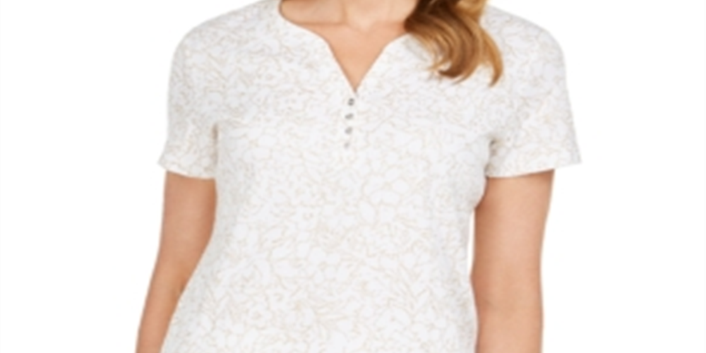 Karen Scott Top Henley Feminino com Estampa Glitter, Branco, Tamanho Pequeno