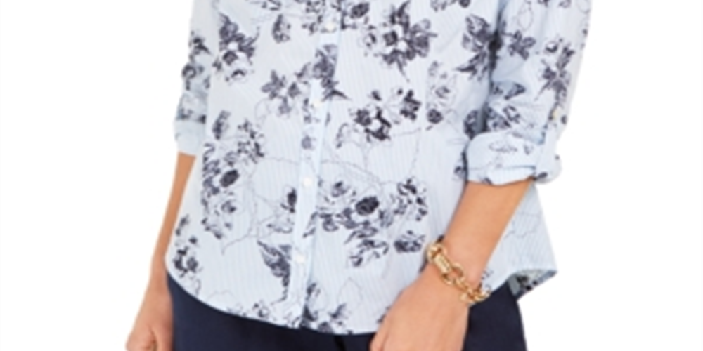 Blusa feminina de algodão estampada com botões Charter Club, azul, tamanho XS