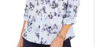 Blusa feminina de algodão estampada com botões Charter Club, azul, tamanho XS