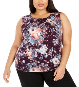 Blusa Calvin Klein Plus Size Feminina Estampada com Gola Prega, Berinjela, Multitamanho 3X