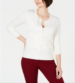 Cardigan feminino com apliques florais Charter Club, branco, tamanho 2XL