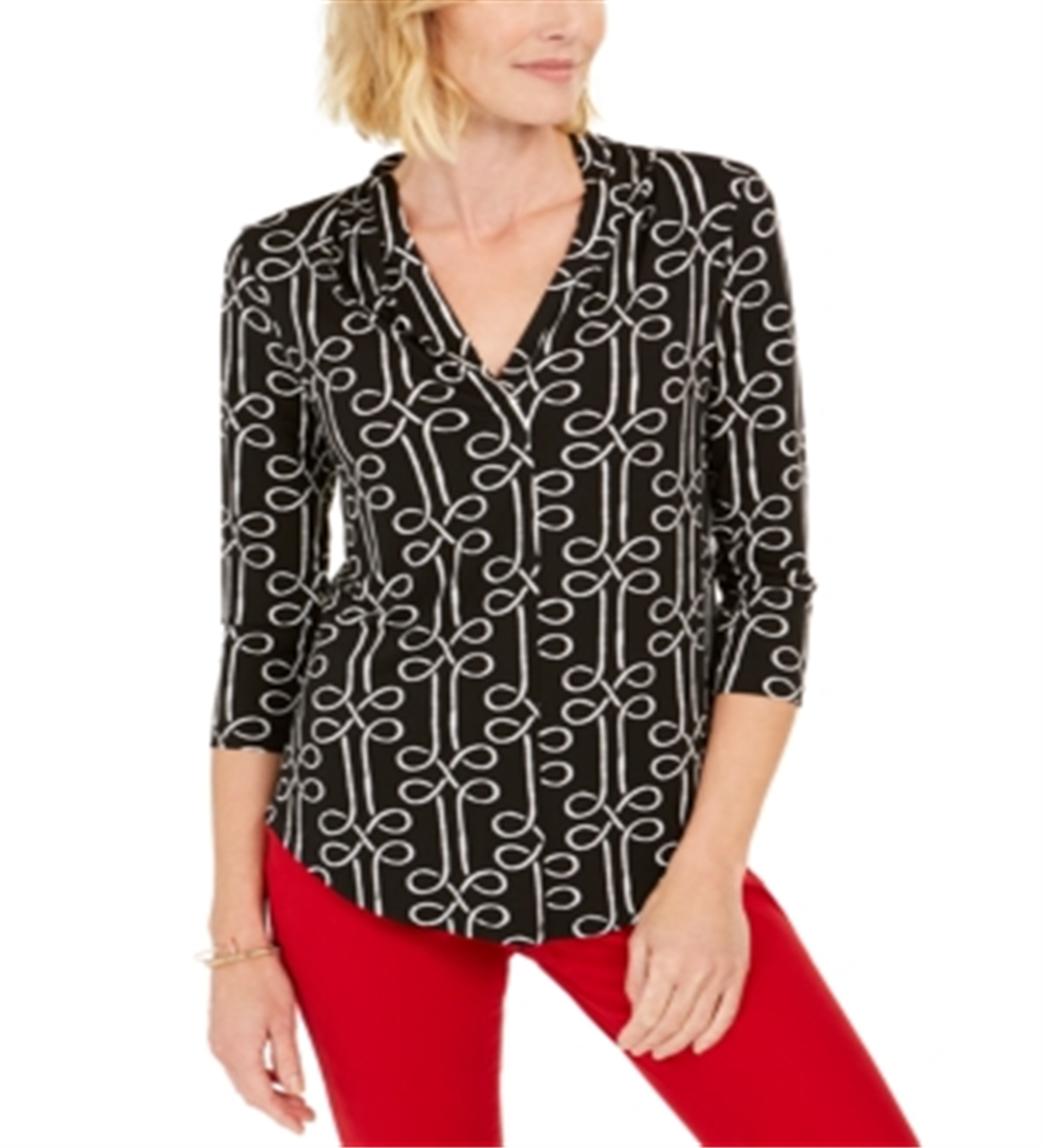 Top feminino estampado com decote em V, preto, tamanho XS, Charter Club