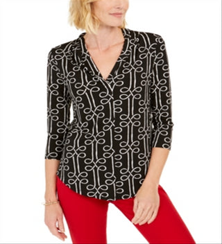 Top feminino estampado com decote em V, preto, tamanho XS, Charter Club