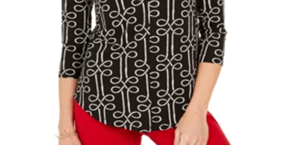 Top feminino estampado com decote em V, preto, tamanho XS, Charter Club
