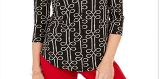 Top feminino estampado com decote em V, preto, tamanho XS, Charter Club