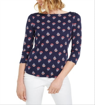 Blusa feminina Charter Club com estampa floral de algodão Pima, tamanho grande, azul-marinho