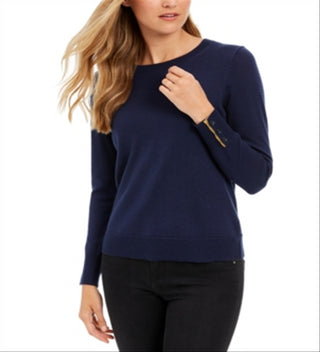 Suéter feminino Charter Club de lã merino com punhos abotoados e gola redonda, tamanho grande, azul