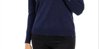 Suéter feminino Charter Club de lã merino com punhos abotoados e gola redonda, tamanho grande, azul