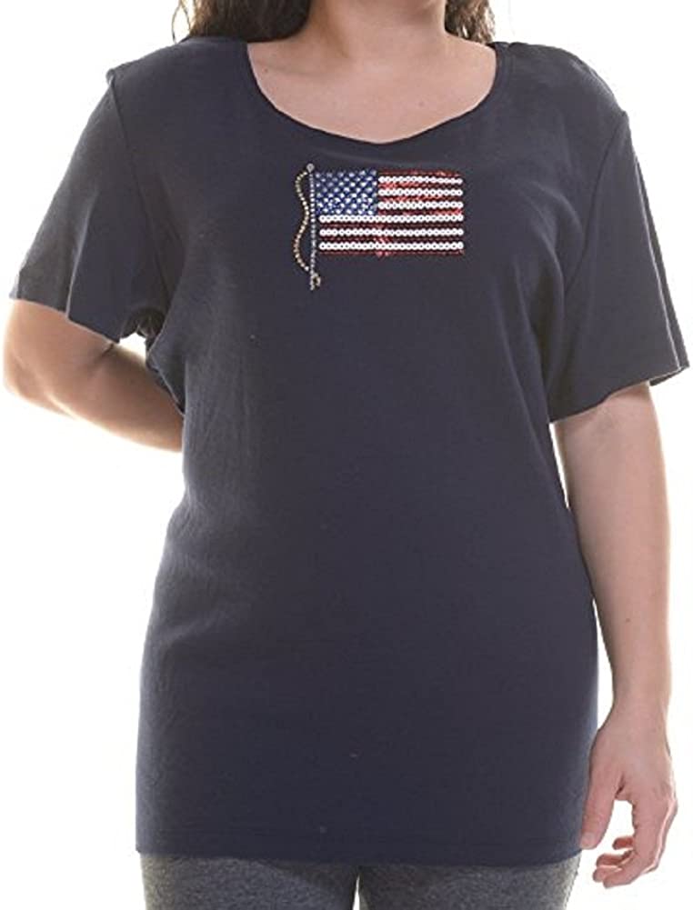 Camiseta feminina Karen Scott com estampa de bandeira, azul, tamanho pequeno GG