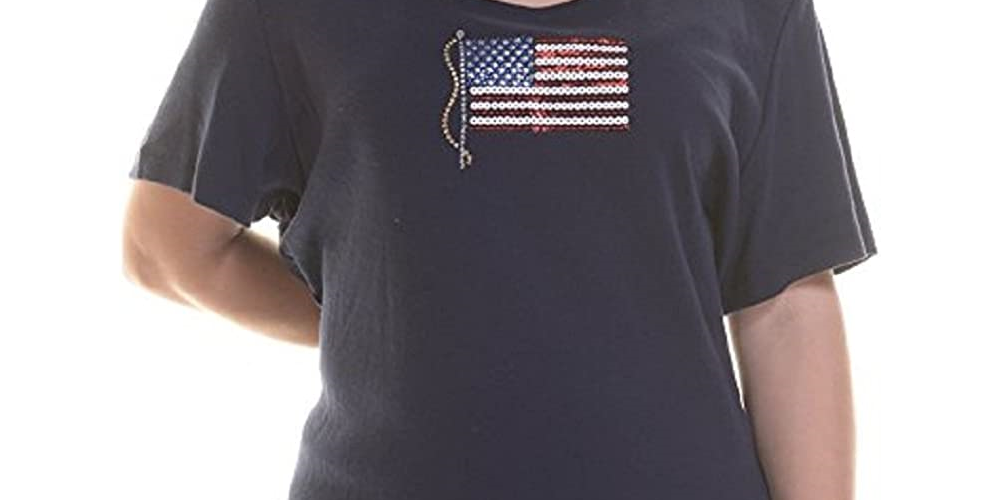 Camiseta feminina Karen Scott com estampa de bandeira, azul, tamanho pequeno GG
