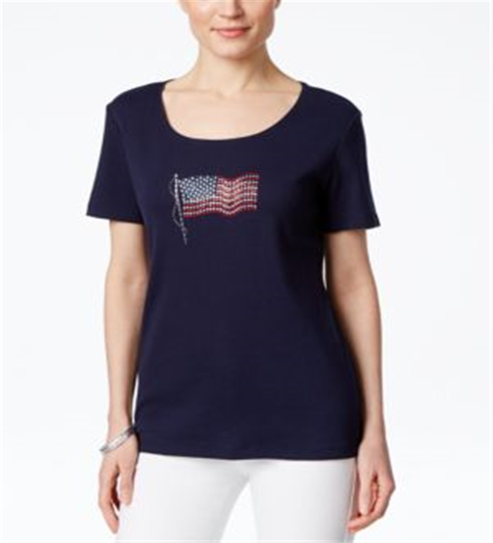 Camiseta feminina Karen Scott com estampa de bandeira, azul, tamanho pequeno GG