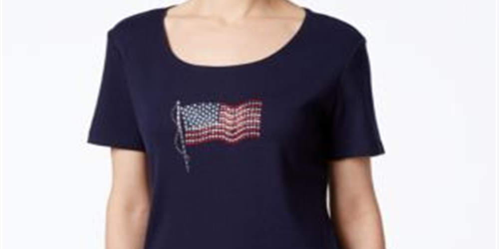 Camiseta feminina Karen Scott com estampa de bandeira, azul, tamanho pequeno GG