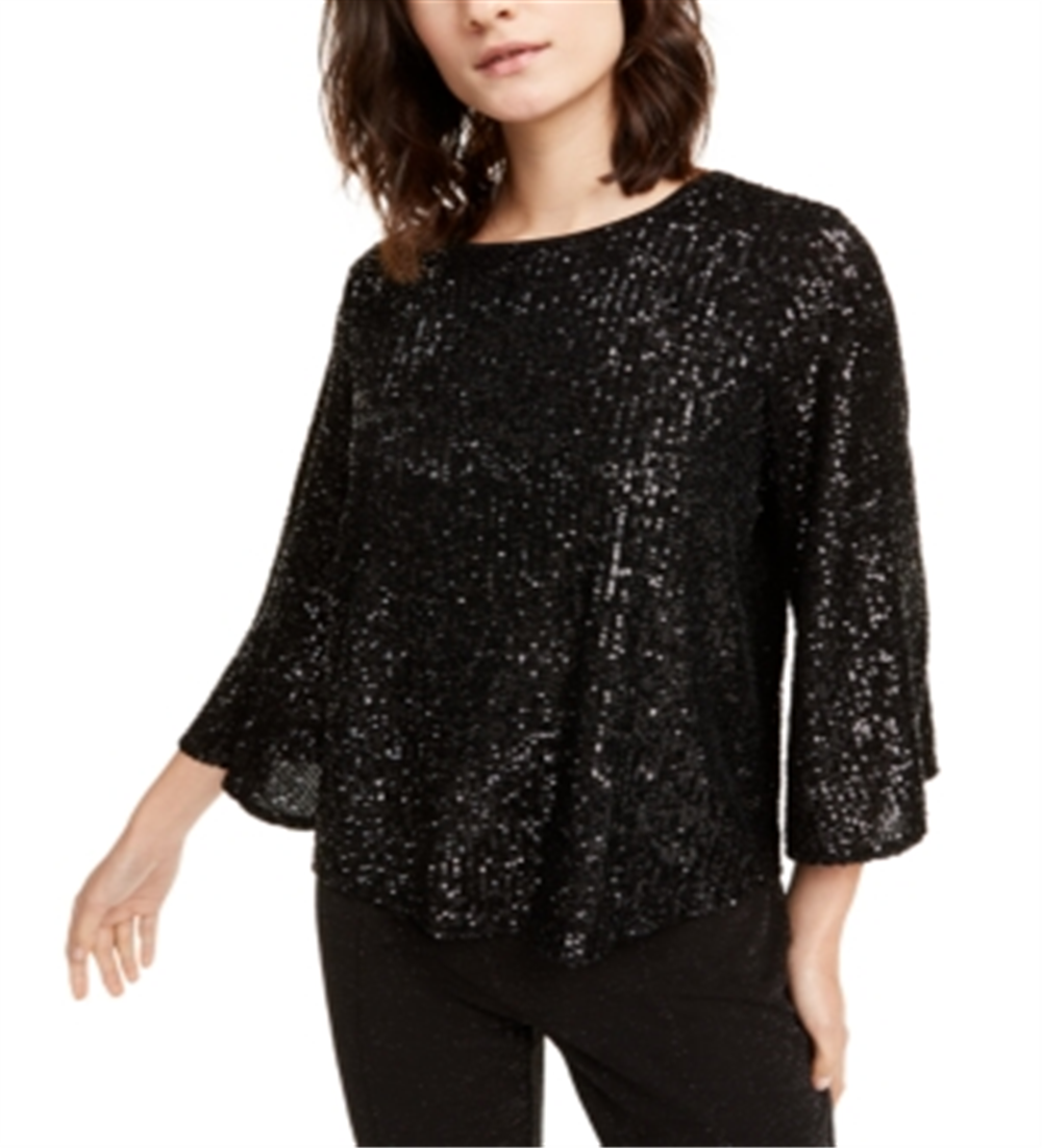 Blusa feminina Alfani com manga sino e lantejoulas, preta, tamanho pequeno e pequeno