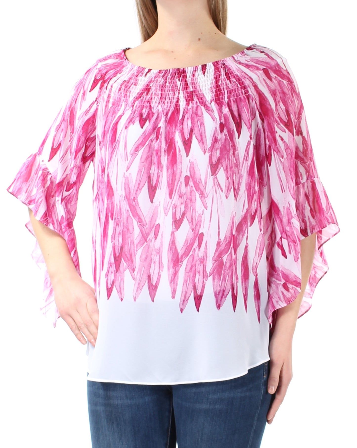 ALFANI Top feminino rosa franzido com estampa de quimono, manga curta, gola redonda, tamanho médio
