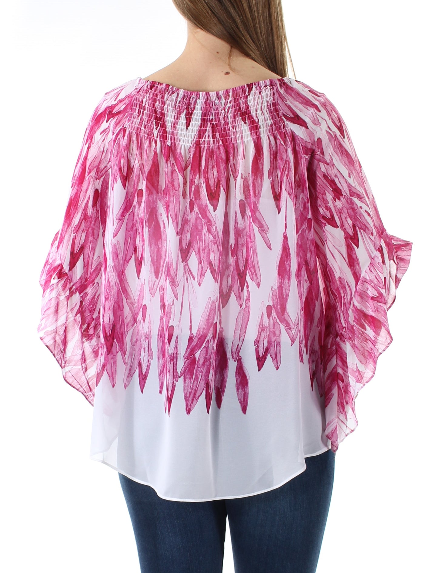 ALFANI Top feminino rosa franzido com estampa de quimono, manga curta, gola redonda, tamanho médio