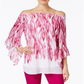 ALFANI Top feminino rosa franzido com estampa de quimono, manga curta, gola redonda, tamanho médio