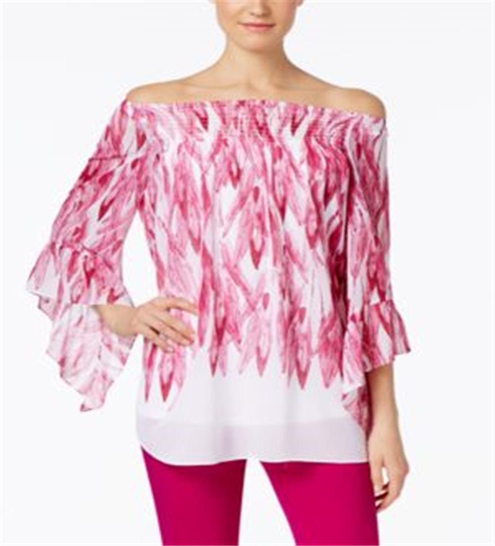 ALFANI Top feminino rosa franzido com estampa de quimono, manga curta, gola redonda, tamanho médio