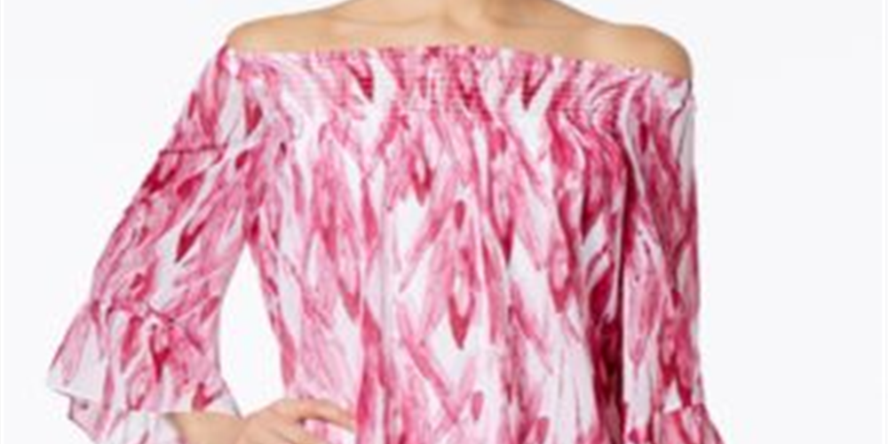 ALFANI Top feminino rosa franzido com estampa de quimono, manga curta, gola redonda, tamanho médio