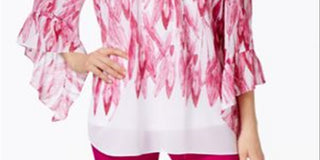 ALFANI Top feminino rosa franzido com estampa de quimono, manga curta, gola redonda, tamanho médio