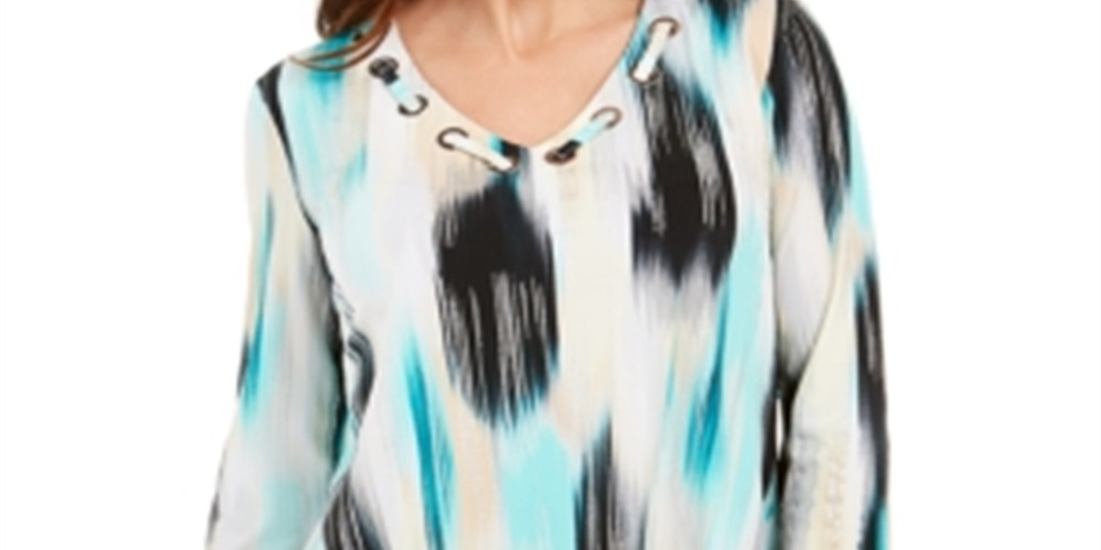 JM Collection Top feminino estampado com decote em V e alças finas, tamanho pequeno M, azul