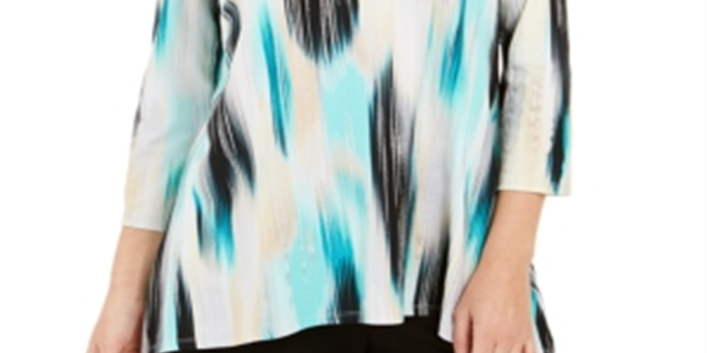 JM Collection Top feminino estampado com decote em V e alças finas, tamanho pequeno M, azul