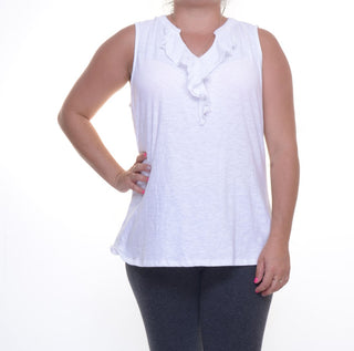 Charter Club feminino pequeno sem mangas com babados na frente, branco brilhante, tamanho PXL