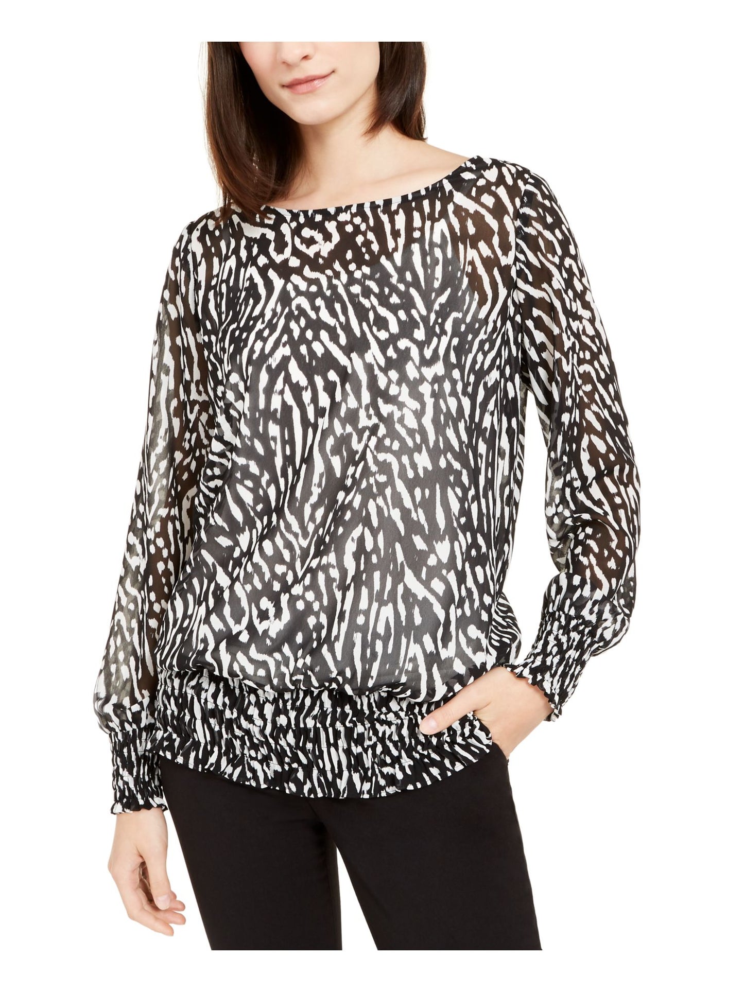 Blusa feminina Alfani com estampa de zebra, manga comprida, gola redonda, tamanho pequeno, branca