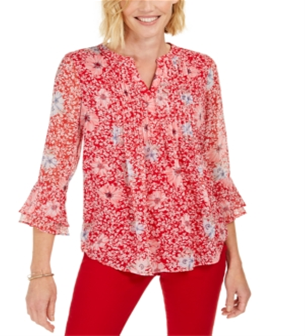 Top feminino estampado com decote dividido, tamanho grande, vermelho, Charter Club