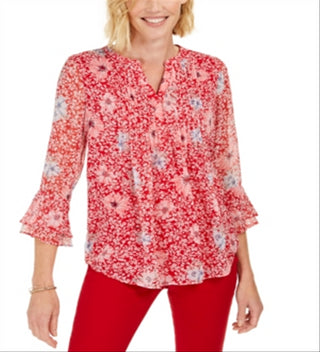 Top feminino estampado com decote dividido, tamanho grande, vermelho, Charter Club