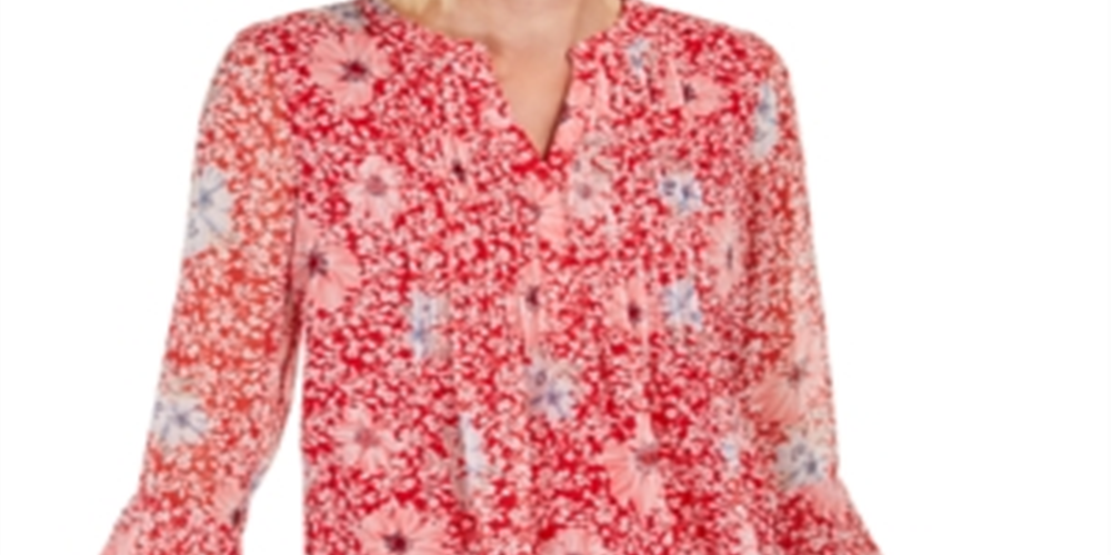 Top feminino estampado com decote dividido, tamanho grande, vermelho, Charter Club