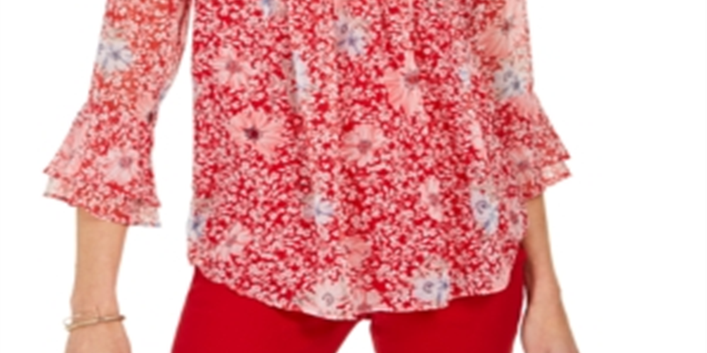 Top feminino estampado com decote dividido, tamanho grande, vermelho, Charter Club
