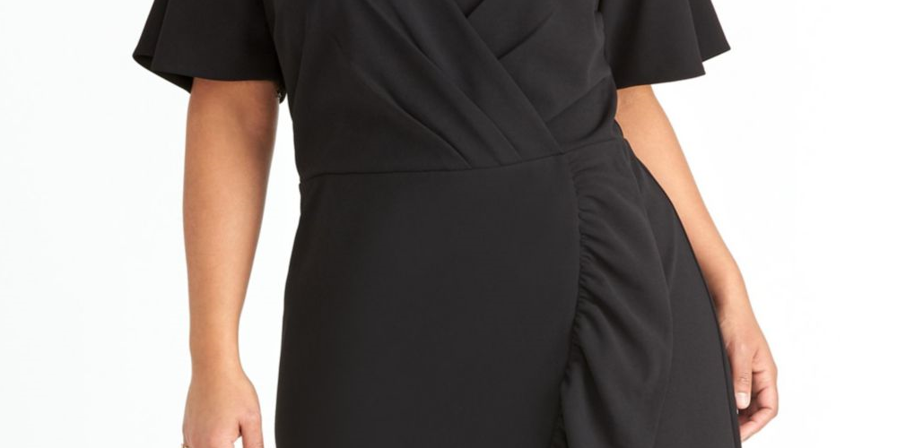 Vestido feminino RACHEL ROY com babados, manga curta, decote em V, comprimento médio, estilo envelope falso, para usar no trabalho, preto, tamanho 22W