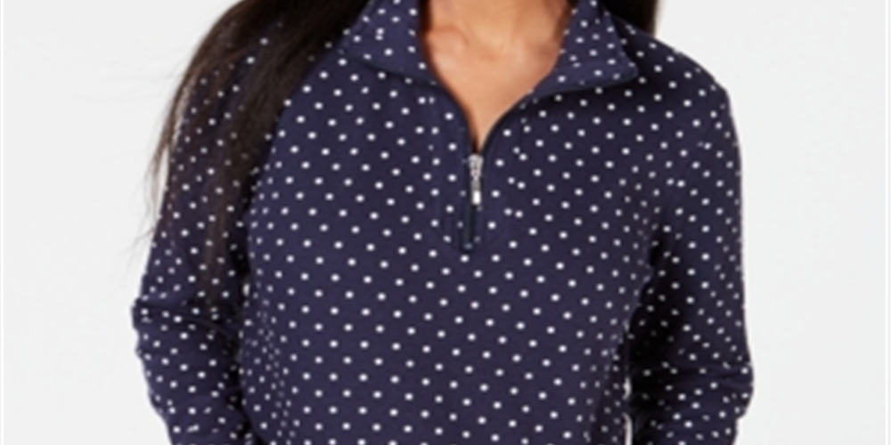 Blusa feminina Karen Scott estampada com zíper e gola alta, tamanho pequeno, azul