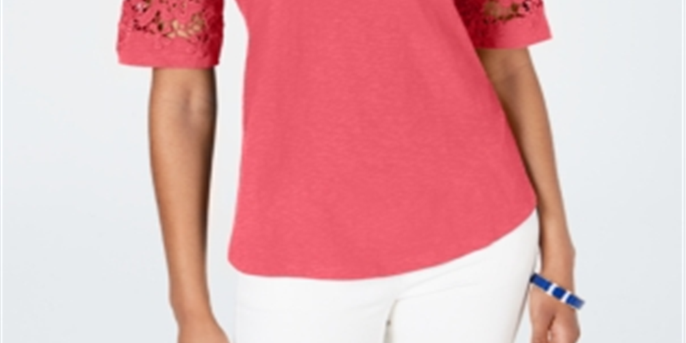 Top feminino Charter Club com acabamento em renda, vermelho, tamanho 2XL