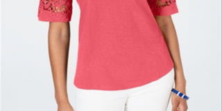 Top feminino Charter Club com acabamento em renda, vermelho, tamanho 2XL