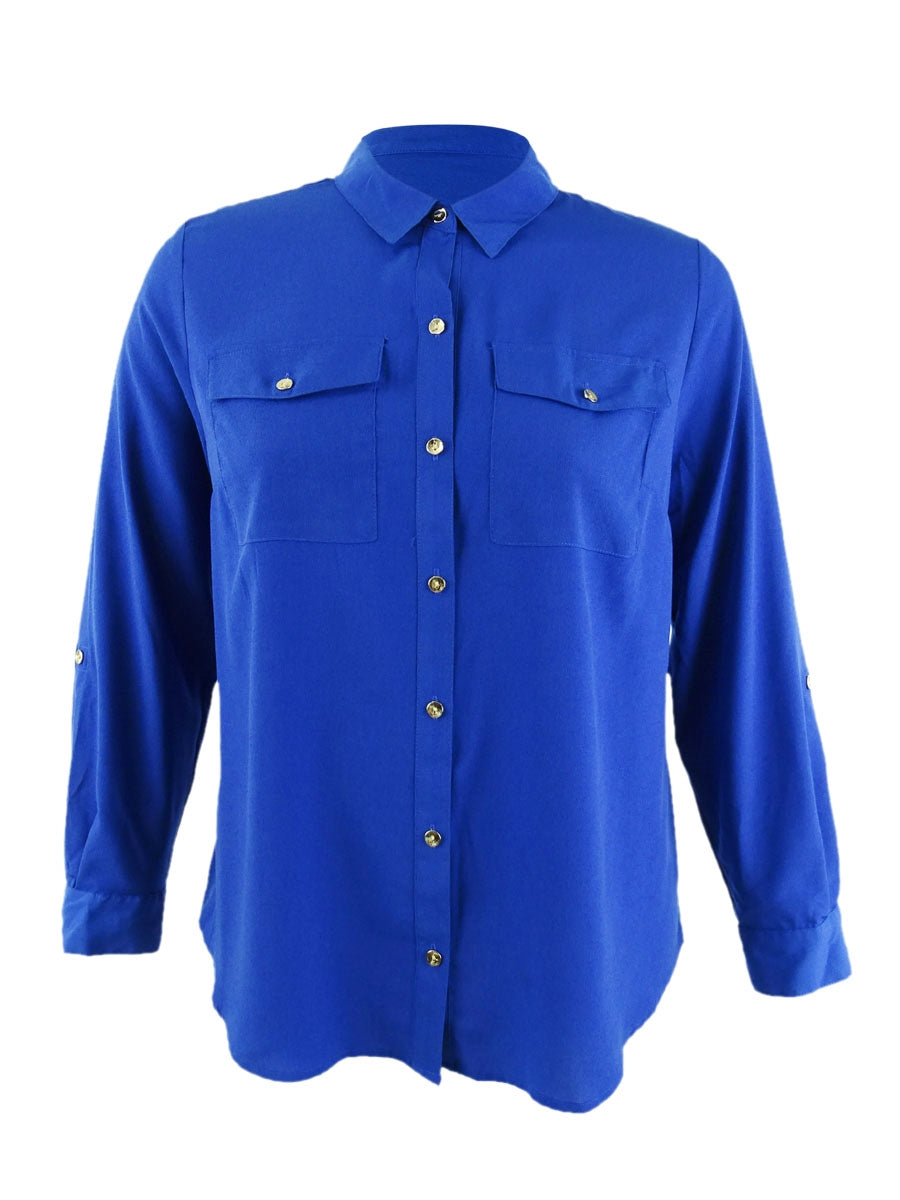 Camisa feminina Charter Club com botões frontais, azul, tamanho 2XL
