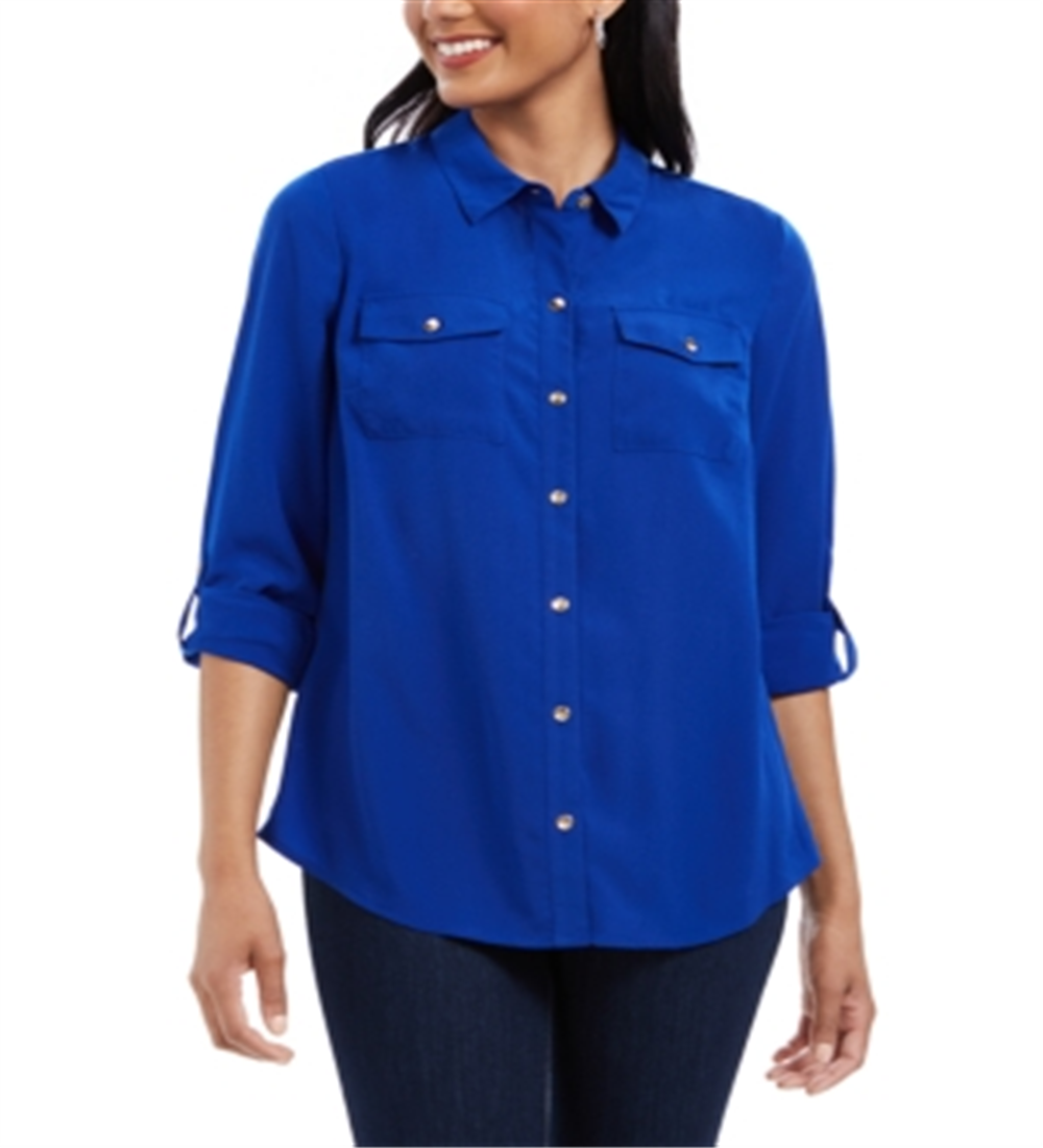 Camisa feminina Charter Club com botões frontais, azul, tamanho 2XL