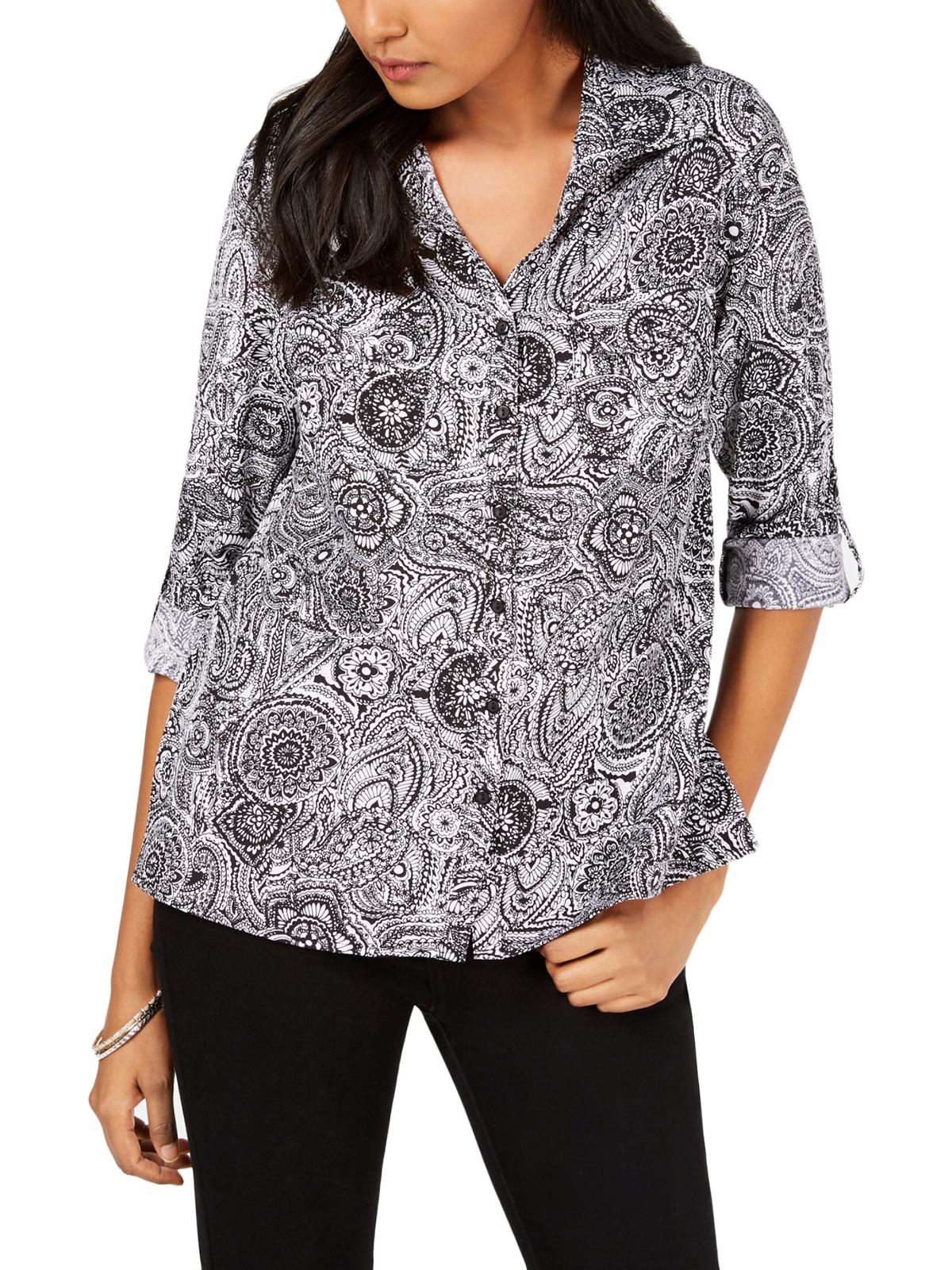 Camisa utilitária estampada feminina NY Collection, preta, tamanho pequeno grande