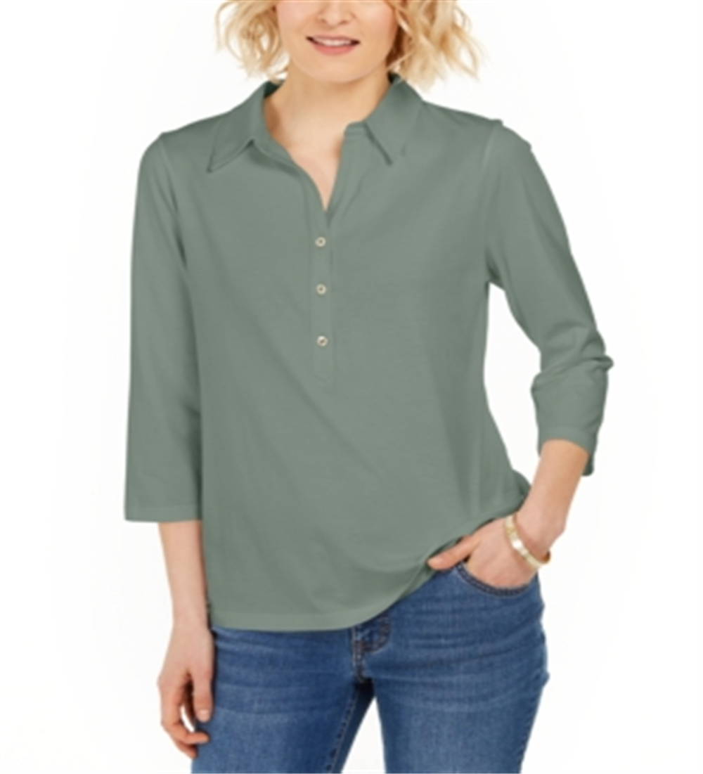 Camisa polo feminina Charter Club Supima Cotton manga 3/4, verde, tamanho X-S