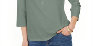 Camisa polo feminina Charter Club Supima Cotton manga 3/4, verde, tamanho X-S