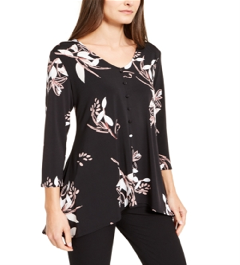 Blusa feminina Alfani com estampa e decote em V, preta, tamanho XS