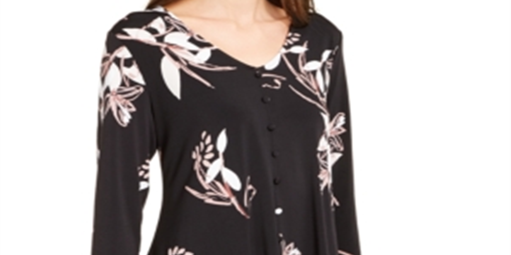 Blusa feminina Alfani com estampa e decote em V, preta, tamanho XS